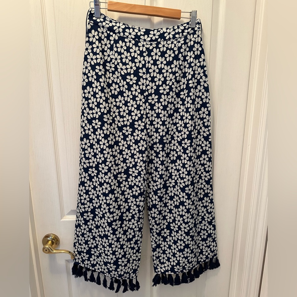 Sugarlips Navy and White Floral Wide-Leg Pants with Tassel Hem